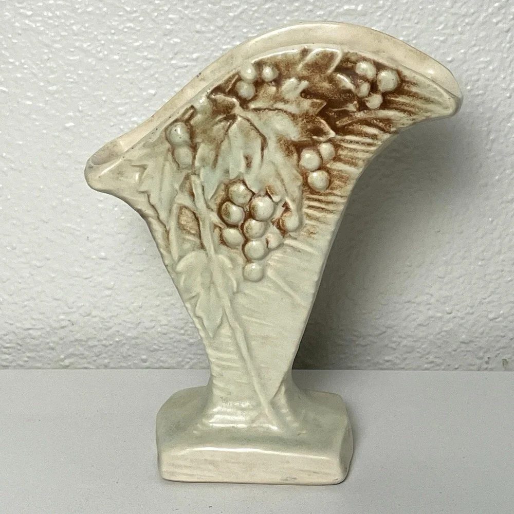 Vintage McCoy Art Pottery Vase Grapes & Leaves Light Blue & Brown Rustic 1940s